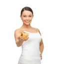 Healthy woman holding bowl with fruit salad Royalty Free Stock Photo