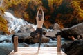 Healthy woman lifestyle balanced practicing meditate and zen energy yoga on the bridge in morning the autumn waterfall in nature. Royalty Free Stock Photo