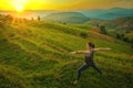 Healthy woman lifestyle balanced practicing meditate and zen energy yoga outdoors on the bridge in morning the mountain nature. Royalty Free Stock Photo