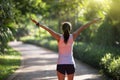 woman outstretched arms on morning park