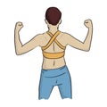 Healthy woman in yellow vest to flex his back muscles vector illustration sketch doodle hand drawn with black lines isolated on