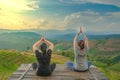 Healthy woman lifestyle balanced practicing meditate and zen energy yoga outdoors on the bridge in morning the mountain nature. Royalty Free Stock Photo