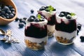 Healthy yogurt dessert with muesli, berry mousse and blueberries. Royalty Free Stock Photo