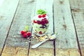 Healthy yogurt dessert with muesli, raspberries and black currants.