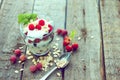 Healthy yogurt dessert with muesli, raspberries and black currants.