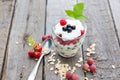 Healthy yogurt dessert with muesli, raspberries and black currants.