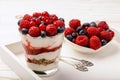 Healthy yogurt dessert with muesli, strawberry mousse, raspberries, blueberries and red currants. Royalty Free Stock Photo