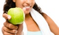 Healthy young mixed race woman holding green apple isolated on w Royalty Free Stock Photo