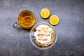 Healthyfood, granola with yogurt, pineaple and apple, tea with lemon. Heathy breakfast