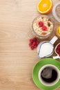 Healty breakfast with muesli, berries, orange juice, coffee and Royalty Free Stock Photo