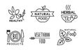 Healty, natural, vegetaran food linear logo set, healthy organic vegan food labels, restaurant, cafe bagges, bio