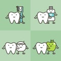 Healty tooth and best friends toothbrush, toothpaste, mouthwash, floss and apple, dental care and hygiene concept Royalty Free Stock Photo