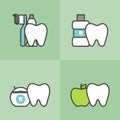 Healthy tooth and best friends toothbrush, toothpaste, mouthwash, floss and apple, dental care and hygiene concept Royalty Free Stock Photo