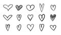 Heand drawn heart icon set. Black heart sketch art