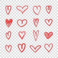 Heand drawn heart icon set. Red heart sketch art Royalty Free Stock Photo