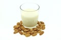 Heap of almonds and a glass of almond milk