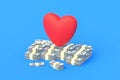 Heap of american dollars banknotes near heart. Selling love concept. Prostitution