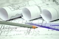 Heap of architectural design and project blueprints drawings of Royalty Free Stock Photo