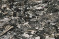 Heap of ashes and garbage after a fire in building. Close up view . Copy space