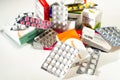 Heap of assorted medicine tablets and pills. Healthcare or medicament addiction concept. Pile of medical pills and capsules