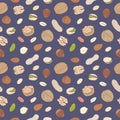 Heap of assorted nuts. Seamless hand drawn vector pattern