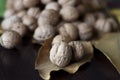 A heap of walnuts on a leaf Royalty Free Stock Photo