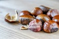 Heap of big fresh chestnuts on the wooden background closeup. Healthy diet fruit chestnut