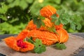 Heap of bitter melon or momordica on wooden table with blurred background Royalty Free Stock Photo