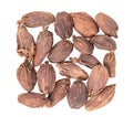 Heap of black cardamom pods isolated on white background. Black cardamon seeds. Clipping path. Top view. Royalty Free Stock Photo