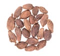 Heap of black cardamom pods isolated on white background. Black cardamon seeds. Clipping path. Top view. Royalty Free Stock Photo
