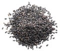 Heap of black cumin seeds isolated on white background. Top view