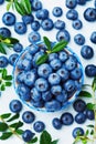 Heap of blueberry or great bilberry in bowl on blue wooden table top view. Organic superfood and healthy nutrition.