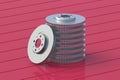 Heap of brake disks on red boards