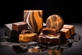Heap of broken chocolate sweets pieces still life. Generative AI
