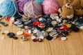 Heap of button on wood table Royalty Free Stock Photo