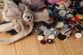 Heap of button on wood table Royalty Free Stock Photo