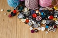 Heap of button on wood table Royalty Free Stock Photo