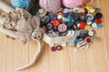 Heap of button on wood table Royalty Free Stock Photo