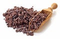 Heap of cacao nibs on white background