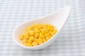 A heap of canned corn on a plate on tablecloth