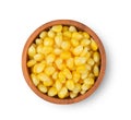 Heap of canned yellow sweet corn seeds isolated on white background. Top view Royalty Free Stock Photo