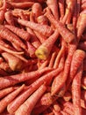 Heap of carrot root vegetable food raw fresh red juicy organic carrots gajar carotte closeup zanahoriaimage cenoura stock photo