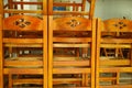 Heap of chairs in closed cafe, out of season in Greece Royalty Free Stock Photo