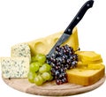 Various Kinds of Cheeses, Grape, Bread and Knife