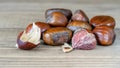 Heap of chestnuts on the wooden background closeup. Healthy vegan fruit, vitamins and minerals