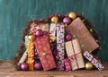 Heap of christmas gifts,wrapped presents, merry christmas,making a present concept, copy space