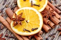 Heap of cinnamon sticks with anise clove and orange fruit Royalty Free Stock Photo