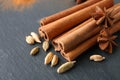 Heap of cinnamon sticks and spices on grey background, closeup Royalty Free Stock Photo