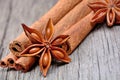 Heap of cinnamon sticks with star anise on table Royalty Free Stock Photo