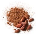 Heap of cocoa powder and beans isolated on white background Royalty Free Stock Photo